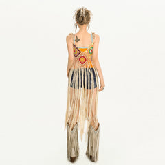 Layered Knit Tassel Blouse & Ethnic Print Maxi Skirt | Women's Bohemian Outfit