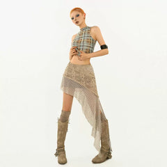 Edgy Lace Spliced Mini Skirt | Raw-Hem Asymmetrical Short Skirt