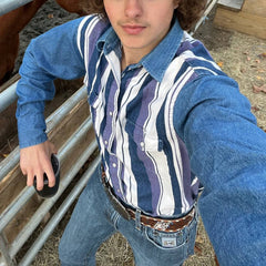 Men's Western Blue and Purple Striped Long Sleeve Shirt