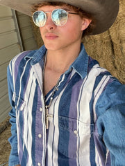Men's Western Blue and Purple Striped Long Sleeve Shirt