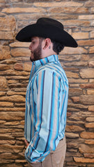 Men's Western Blue Striped Long Sleeve Shirt