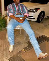 Men's Casual Western Blue Pink Striped Long Sleeve Shirt