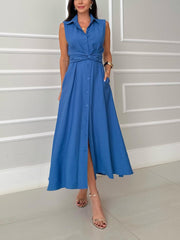 Unique Shirt Style Single-breasted Tie Midi Dress