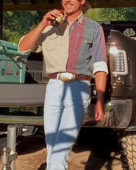 Men's Casual Western White Green Striped Long Sleeve Shirt