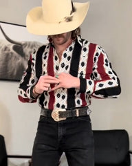 Men's Casual Retro Red and Blue Striped Long Sleeve Shirt