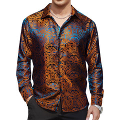 Brown Casual Shirt for Men Paisley Long Sleeve Button Down Shirt