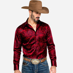 Mens Western Shirt Casual Red Paisley Jacquard Long Sleeve Button Down Shirt