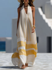 Elegant Chiffon Printed V-Neck Yellow Striped Maxi Dress