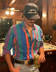 Men's Western Casual Green Blue Striped Shirt