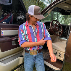 Men's Fashionable Casual Western Purple Red Striped Shirt