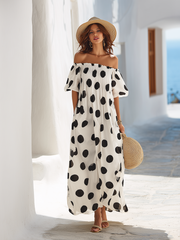 Resort-style Black And White Polka Dot Off-the-shoulder Maxi Dress