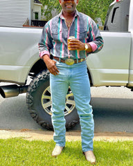 Men's Casual Western Blue Pink Striped Long Sleeve Shirt