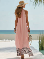 Pink Chiffon Halter Neck Patchwork Black And White Polka Dot Maxi Dress