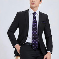 Purple Bat Necktie Mens Black Tie Hanky Cufflinks Set with Lapel Pin Gift Box