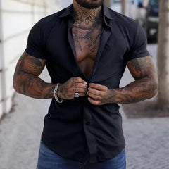Men's Solid Lapel Short Sleeve Sports Fitness Shirt