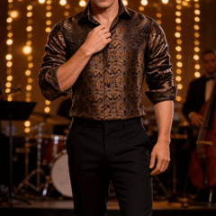 Mens Paisley Dress Shirt Brown 70s Disco Long Sleeve Button Down Shirt