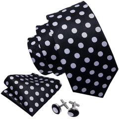 Black Tie Silk Black White Necktie Pocket Square Cufflinks Set for Wedding Business