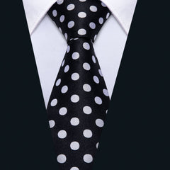 Black Tie Silk Black White Necktie Pocket Square Cufflinks Set for Wedding Business