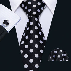 Black Tie Silk Black White Necktie Pocket Square Cufflinks Set for Wedding Business