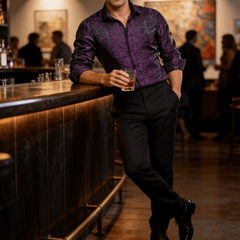 Mens Purple Dress Shirt Paisley Silk Long Sleeve Button Down Shirt