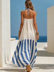 Resort-Style Blue And White Striped Chiffon Halter Neck Sleeveless Maxi Dress