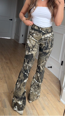 Fiona High Waisted Bell Bottom Flare Jeans - Woodland Green Camo 2