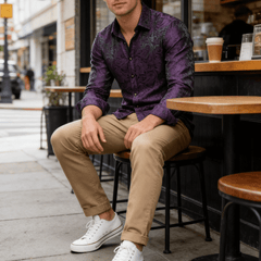 Mens Purple Dress Shirt Paisley Silk Long Sleeve Button Down Shirt