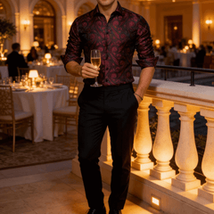 Mens Western Shirt Silk Burgundy Paisley Long Sleeve Button Down Dress Shirt