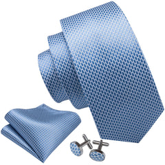 Sky Blue Necktie Geometric Tie Pocket Square Cufflinks Set