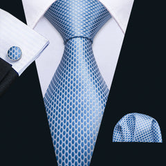 Sky Blue Necktie Geometric Tie Pocket Square Cufflinks Set