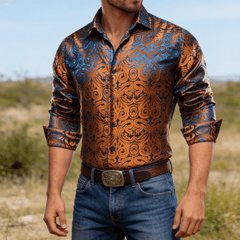 Copper Paisley Button Down Shirt Casual Silk Long Sleeve Dress Shirt