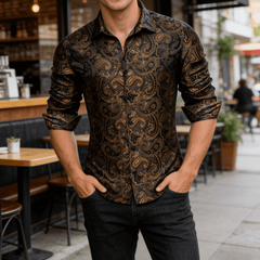 Gold Casual Shirt for Men Paisley Long Sleeve Button Down Shirt