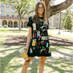 Black Multi School Supplies Tee Dress