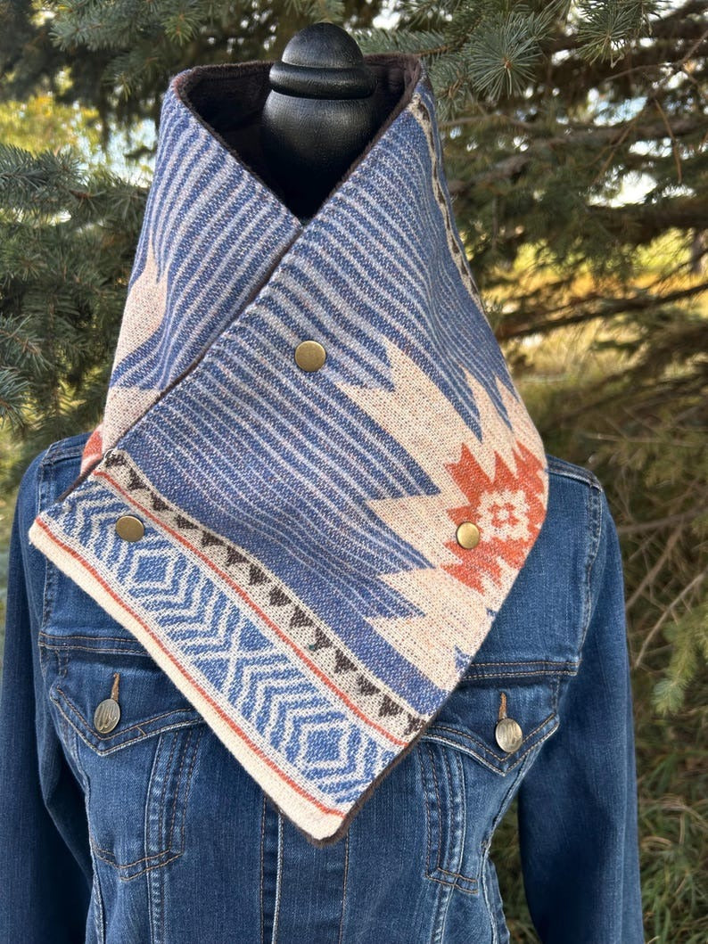 Western Cowboy Blue Aztec Warm Neck Hood