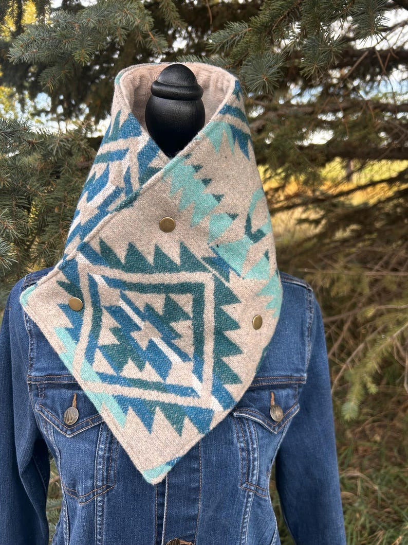 Western Cowboy Blue/Green Aztec Warm Neck Hood