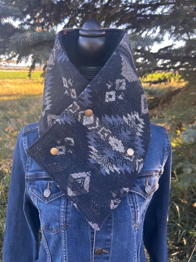 Western Cowboy Dark Blue Aztec Warm Neck Hood