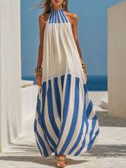 Resort-Style Blue And White Striped Chiffon Halter Neck Sleeveless Maxi Dress