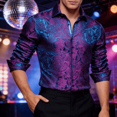 Mens Purple Dress Shirt 70s Disco Paisley Shirt Button Down Long Sleeve Tops