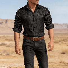 Mens Western Shirt Casual Black Paisley Jacquard Long Sleeve Button Down Shirt