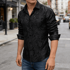 Mens Western Shirt Casual Black Paisley Jacquard Long Sleeve Button Down Shirt