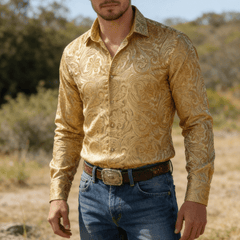 Mens Gold Dress Shirt Paisley Silk Long Sleeve Button Down Formal Shirts