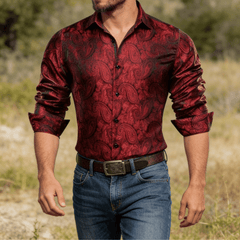 Burgundy Paisley Dress Shirt Silk Long Sleeve Button Down Formal Shirt