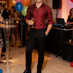 Burgundy Paisley Dress Shirt Silk Long Sleeve Button Down Formal Shirt