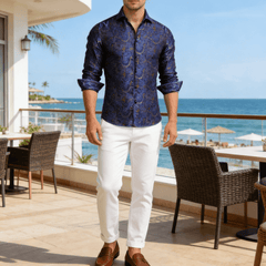 Mens Paisley Dress Shirt Navy Blue 70s Disco Long Sleeve Button Down Shirt