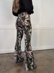Fiona High Waisted Bell Bottom Flare Jeans - Woodland Green Camo