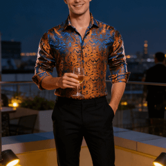 Copper Paisley Button Down Shirt Casual Silk Long Sleeve Dress Shirt