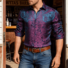 Mens Purple Dress Shirt 70s Disco Paisley Shirt Button Down Long Sleeve Tops