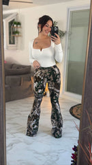 Fiona High Waisted Bell Bottom Flare Jeans - Woodland Green Camo