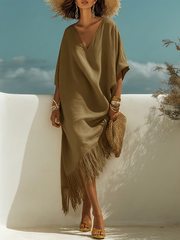 Casual Bohemian Style Fringed V-neck Short-sleeved Beige Maxi Dress