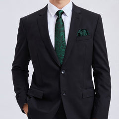 Emerald Green Paisley Tie Silk Wedding Necktie Pocket Square Cufflinks Set